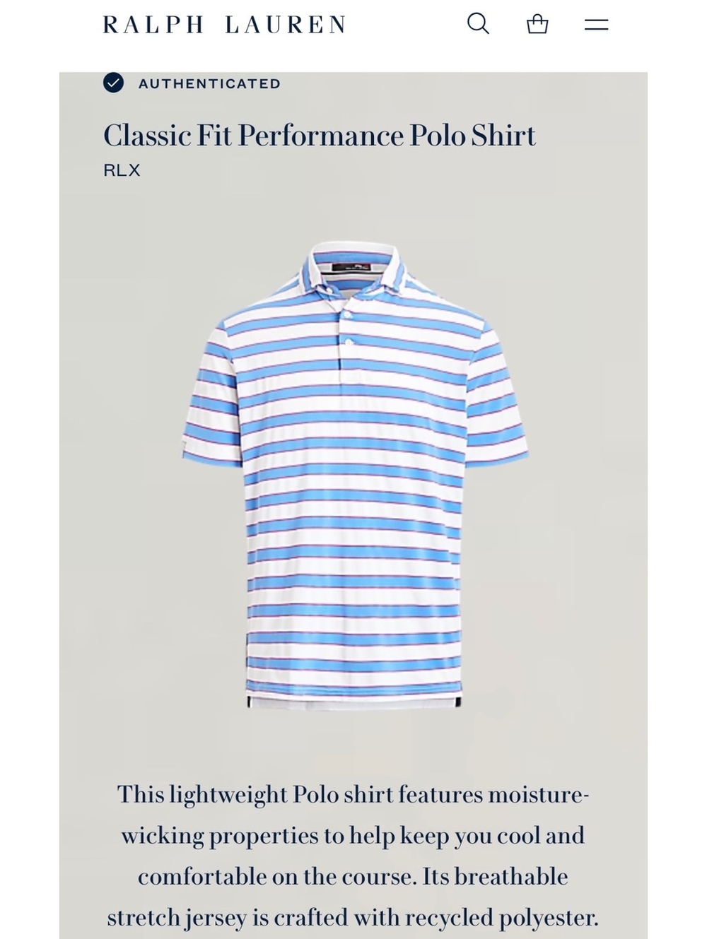 Ralph Lauren RLX Classic Fit Performance Polo Shirt Blue/White Striped Size L